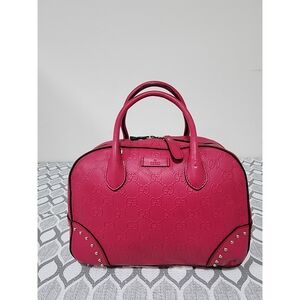 GUCCI Bright Diamante Textured Leather Top Handle Bag Pink